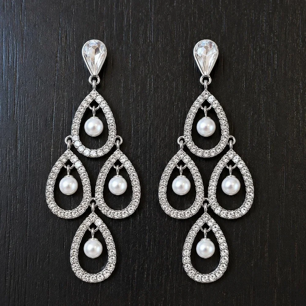 Vintage Monet Crystal Faux Pearl Chandelier Earrings Sample One of a Kind 3